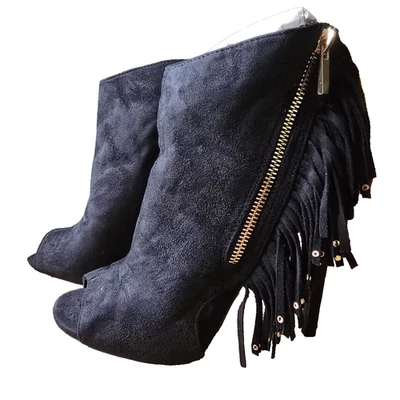 Qupid Black Stretch Suede Stilleto Booties Women's Size 8 Tassles Gold Accents - Image 1 of 4