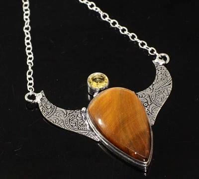 Collar de piedras preciosas enchapadas en plata 925 citrino ojo de tigre aspecto moderno 18" JW Foto 1 de 3