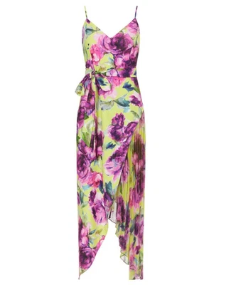 Badgley Mishchka Floral Tie Sash Asymmetric Layered Dress 4 S Lime Green RP$575 - Image 1 of 4