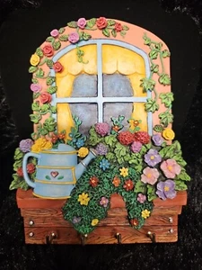 Resin Colorful Keyhook, Window Scene, Colored Flowers Watering Can 4 Hooks Hangs - Picture 1 of 7
