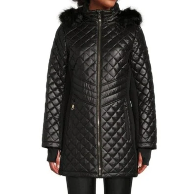 Michael Kors Puffer 夹克小号可拆卸连帽人造毛皮装饰黑色外套全新 S — 第 1/4 张图片