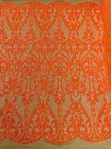 Heart Shape Sequins Fabric - Orange on Nude - 4 Way Stretch Damask Fabric Yard - Picture 1 of 5
