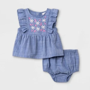 Juego de 2 piezas superior e inferior Chambray para niñas - gato y gato - azul claro - 0-3M/6-9M - Imagen 1 de 14