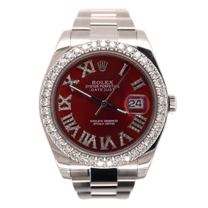 Rolex Men Datejust 41mm Oyster Steel Watch ICED 2.50ct Diamond RED Roman Dial - Picture 1 of 9
