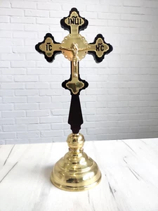 Wooden Cross Standing with Brass Orthodox Carved Crucifix Jesus Christ 16.14" - Imagen 1 de 6