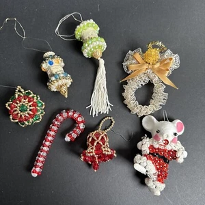 Vintage Christmas Ornaments Beaded Embellished Lot Of 7 Bear Angel Bells Spools - Picture 1 of 18
