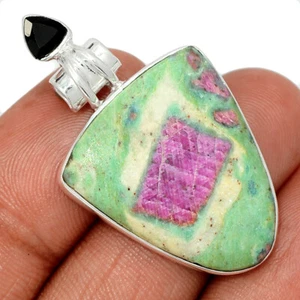 Natural Ruby In Fuchsite & Black Onyx 925 Silver Pendant Jewelry CP48493 - Picture 1 of 1