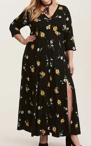 Torrid Black Floral Crochet Challis Maxi Dress Witchy Leg Slit V-Neck Plus 00 - Picture 1 of 12