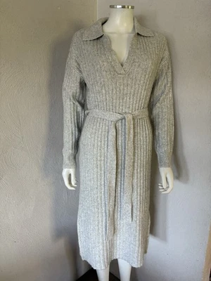 Tahari M Sweater Dress V Neck Collared Ribbed Knit Heather Gray ￼ - Image 1 of 4