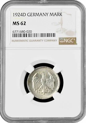 Germany 1 mark 1924 D, NGC MS62, "Weimar Republic (Mark) (1919 - 1925)" - Image 1 of 2
