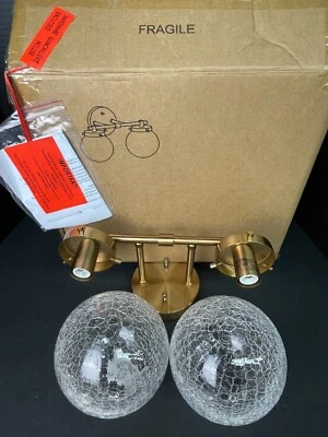 NEW Modern 2-Light Brass Vanity Light with Globe Clear Cracked Glass Shade - Image 1 of 4
