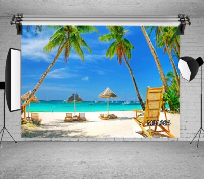 10x8FT Summer Beach Recliner Palm Trees Seamless Vinyl Backdrop Photo Background - Image 1 of 4