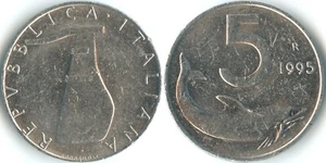 Italy 1995 R 5 Lire KM# 92 Aluminum Republic Rudder Dolphin - Picture 1 of 3