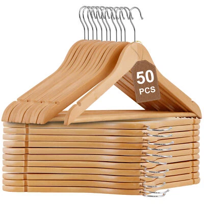 50 Pack Clothes Hangers Premium Natural Finish Suit Pant Dress Coat Hangers Wood - Image 1 of 4