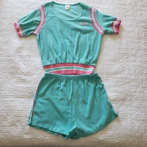 Vtg 1980s Montgomery Ward Teal Pink Terrycloth Shorts Set Roller Skating Large - Picture 1 of 12