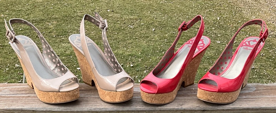 NUEVO Lote de 2 Zapatos De Colección Fergalicious Cuña Peep Toe Gris Coral Rojo 8 M Foto 1 de 4