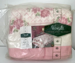 NEW Vintage Wamsutta Lusterluxe Satin Trim Vintage Rose Pink Flowers 72 x 90 NOS - Picture 1 of 6