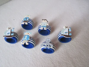 6 liebevoll handbemalte Holz-Serviettenringe blau-weiß gestreift, Piratenmotiv, - Bild 1 von 6