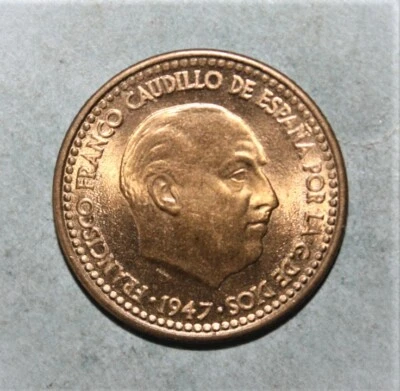 S5 - Spain 1 Peseta 1947 (53) Brilliant Uncirculated Coin Franco - Nicely Toned - Image 1 of 2