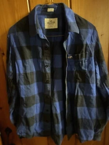 Hollister Mens Comfy Cotton Flannel Shirt Long Sleeve Blue & Black Plaid Sz M - Picture 1 of 4