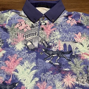 Greyson Mens LARGE Savannah Nights Polo All Over Print Purple Green Floral Wolf - Picture 1 of 13