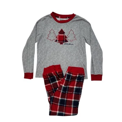 Juego de pijama de vacaciones a cuadros EDDIE BAUER Trees talla 7/8 niños gris rojo azul familia Foto 1 de 4