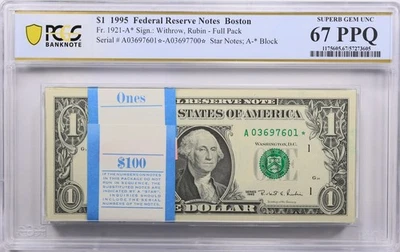 Full Pack  1995 $1 Federal Reserve Star Notes Boston Fr 1921A* PCGS GEM 67 PPQ - Image 1 of 2