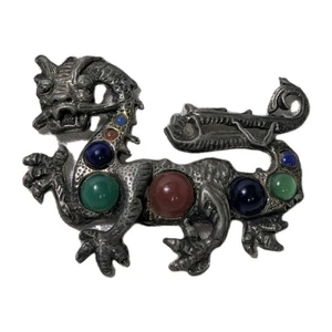 Antique Art Deco Little Nemo Brooch Pot Metal and Glass Cabochons Chinese Dragon - Picture 1 of 7