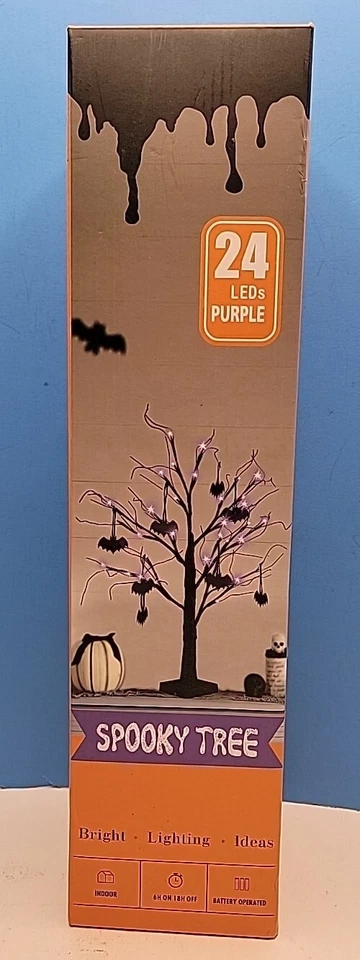 24" Tall Halloween Tree - Black Spooky Tree with 24 LED Purple Lights & 10 Bats. - Image 1 of 4