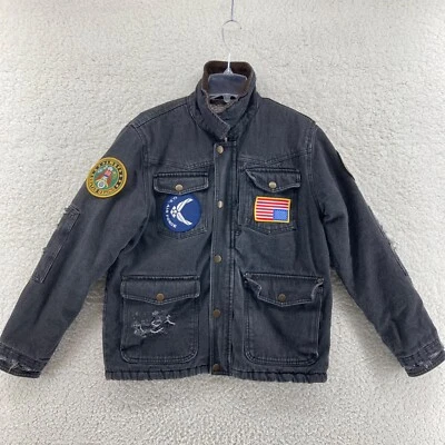 Jaqueta jeans vintage Wrangler tamanho pequeno preta jeans desgastada forrada de lã militar - Imagem 1 de 4