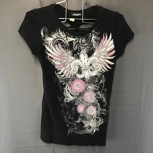 Cotty On Women's M Cross Wings Floral Bedazzled Shirt Cut Back Distressed Y2K - Picture 1 of 17