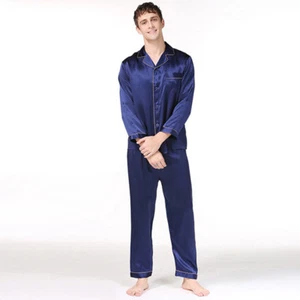 NEU Herren Pyjama Schlafanzug Seide Satin Langarm langer Hose Nachtwäsche#M023 - Picture 1 of 4