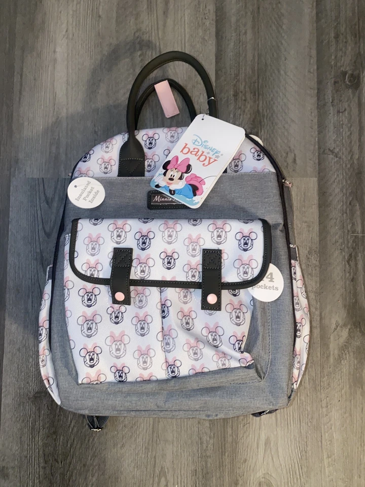 Disney Baby Gray Pink & Brown Minnie Mouse Diaper Bag Backpack 14 Pockets