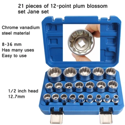 21pcs 12-Point Plum Blossom Socket Set 1/2 Inch 8-36mm Plum Blossom Socket Head - Image 1 of 4