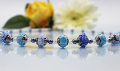 Glass Jewels Edelstahl Lampwork Collier Kette Perlen Blau Türkis Boho 57cm #M086 - Bild 1 von 4