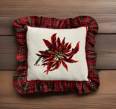 Vintage Handmade Tapestry Throw Pillow Christmas Poinsettia Plaid Ruffle 11”x12” - Image 1 of 4