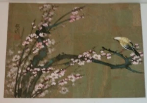 "Dipinto tempera giapponese firmato uccellino su albero in fiore 16"" x 12" - Foto 1 di 5