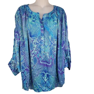 Jennifer Lopez JLO Blouse Women 1X Blue Snake Skin Dolman Bat Wing Sleeve Ruched - Picture 1 of 10