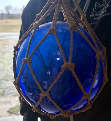 "Bola boya flotadora de pesca de vidrio japonesa de colección soplada a mano 10"" azul cobalto con cuerda" Foto 1 de 2