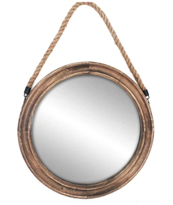 Funly mee 16.2 Inch Rustic Round Decorative Mirror with Solid Wood Frame&Rope Ha - Image 1 of 4