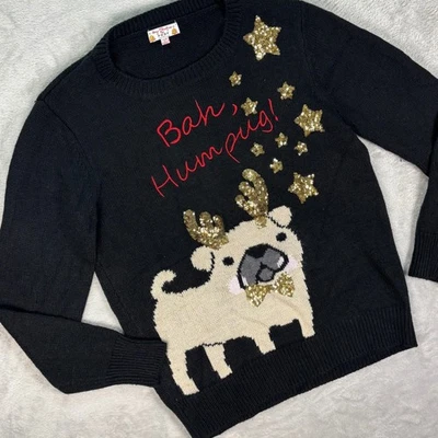 Suéter Poof Para Mujer Talla Pequeña Negro Lentejuelas Pug Bah Humpug Vacaciones de Navidad Foto 1 de 4