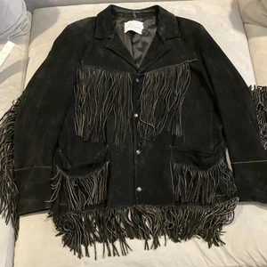 VINTAGE - 1980s - Lariat - Black Western Fringe Suede Leather Jacket - Men's 48 - Picture 1 of 8