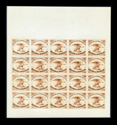 US #5L; 5¢ brown AMERICAN LETTER MAIL Co. NGAI REPRINT SHEET OF 20 ON THIN PAPER - Image 1 of 2