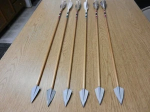 6 Traditional Wooden Arrows W/ 6 Eclipse Hunting Broad Heads 32 1/2" Long - Picture 1 of 8