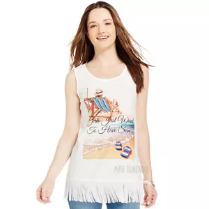 NWT Style & Co. Sleeveless Graphic-Print Fringe "Girl Just Want to Have Sun" Tee - Picture 1 of 1