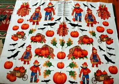 Apliques de otoño rural espantapájaros, calabazas, cuervos y carros panel de tela de algodón Foto 1 de 4