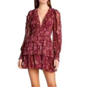 HOUSE OF HARLOW 1960 Mini Dress 2 Berry Metallic Deep V Neck Tiered Lined Boho - Picture 1 of 13