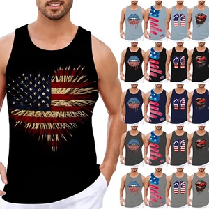 Male Tank Shirt Independence Day Sleeveless Vest Men's Casual Tee Flag Printed - Picture 1 of 88