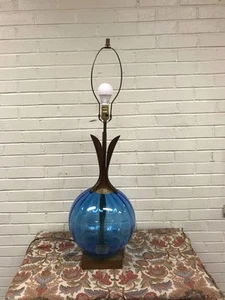 VTG MCM LARGE TEAK WOOD BLUE GLASS GLOBE LAMP 38” TALL 3 WAY SWITCH MID CENTURY - Picture 1 of 15
