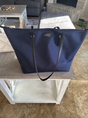 Lauren Ralph Lauren Navy Blue Tote Bag – Nylon with Black Leather Straps - Image 1 of 4